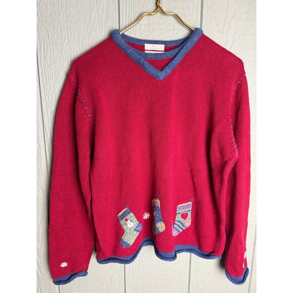 Vintage 90s Hand-Embroidered Christmas Stocking Sweater Women’s L - Picture 1 of 7